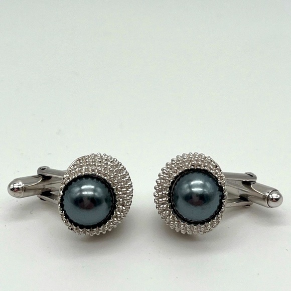 Erwin Pearl - Cufflinks - Textured Silver Tone & Blue Grey Glass Pearls - NWOT - Picture 2 of 6